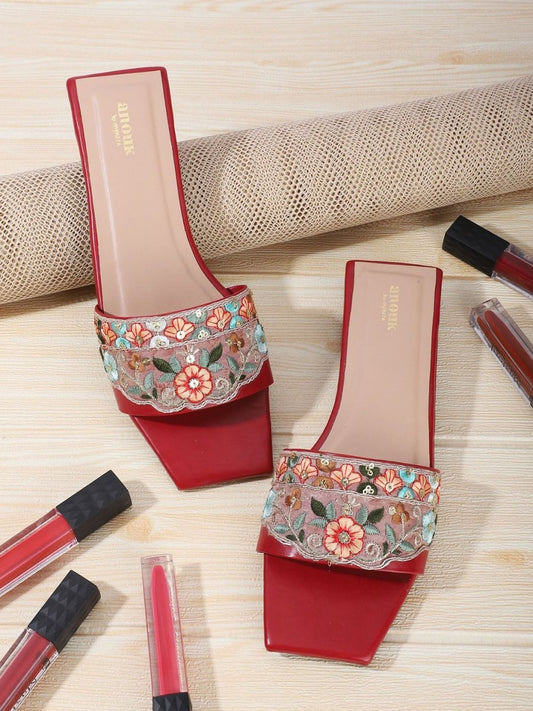 Dhiyona AK Red & Green Ethnic Embroidered Open Toe Flats