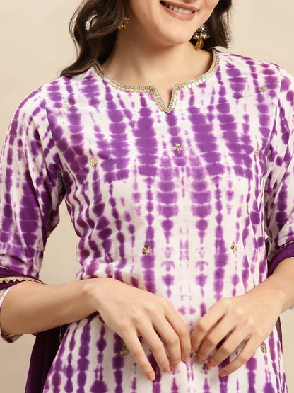 Dhiyona VA Women'sShibori Dyed Regular Sequinned Pure Cotton Kurta With Trousers & Dupatta