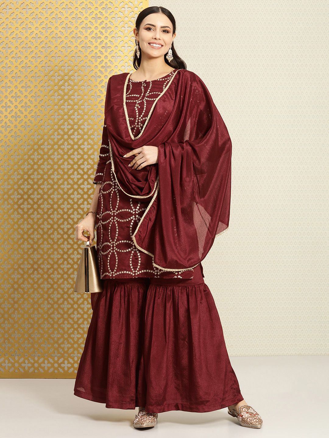 Dhiyona PD Women Woven Design Regular Sequinned Jashn Kurta with Sharara & Dupatta