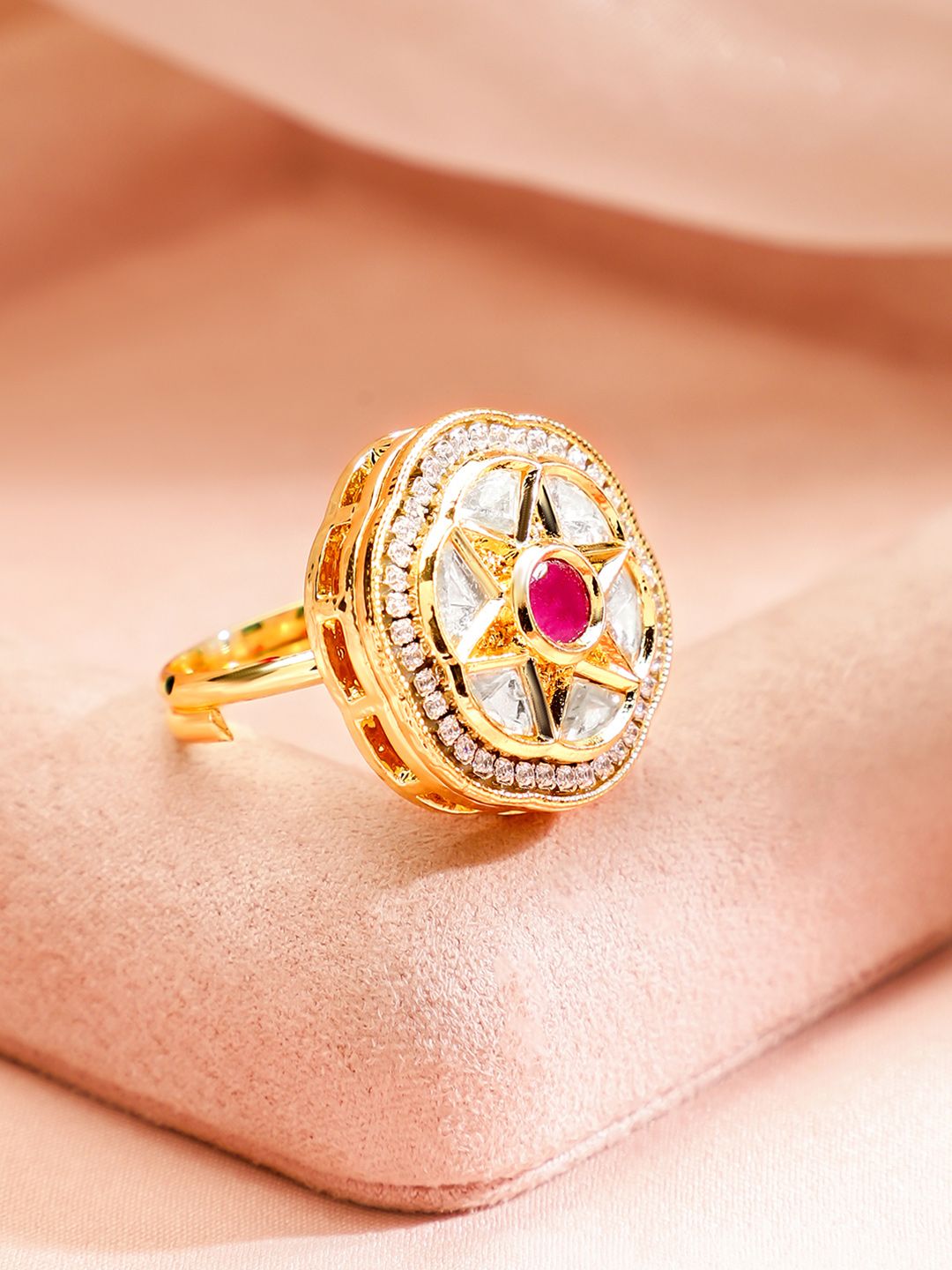 Dhiyona RJ Women's 18K Gold Plated Ruby With Kundan & Cubic Zirconia Studded Adjustable Finger Ring