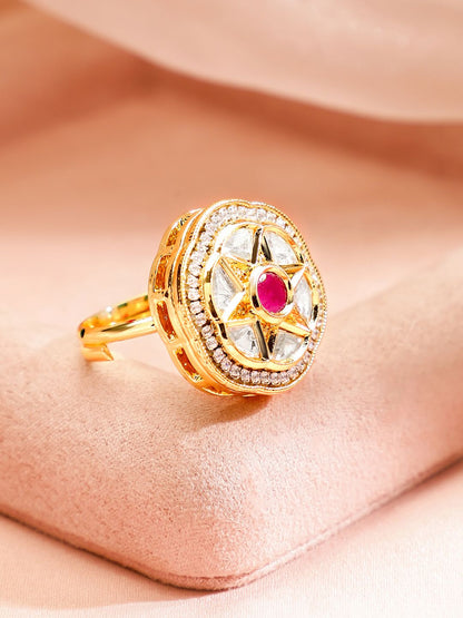 Dhiyona RJ Women's 18K Gold Plated Ruby With Kundan & Cubic Zirconia Studded Adjustable Finger Ring