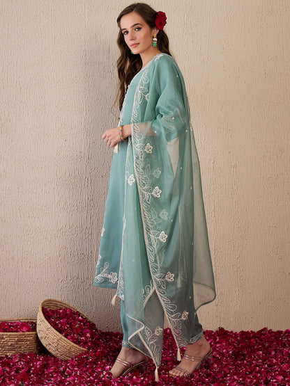 Dhiyona IE Women Floral Embroidered Regular Thread Work Kurta with Trousers & With Dupatta