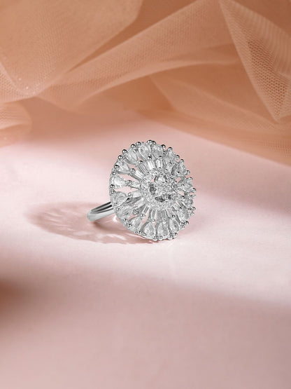 Dhiyona RJ Women's Rhodium Plated Cubic Zirconia Studded Finger Ring