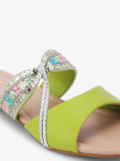 Dhiyona AK Green & Silver-Toned Embroidered Open Toe Flats