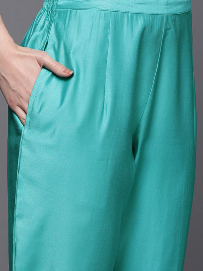 Women Sea Green Floral Embroidered Sequinned Liva Kurta with Trousers & Dupatta