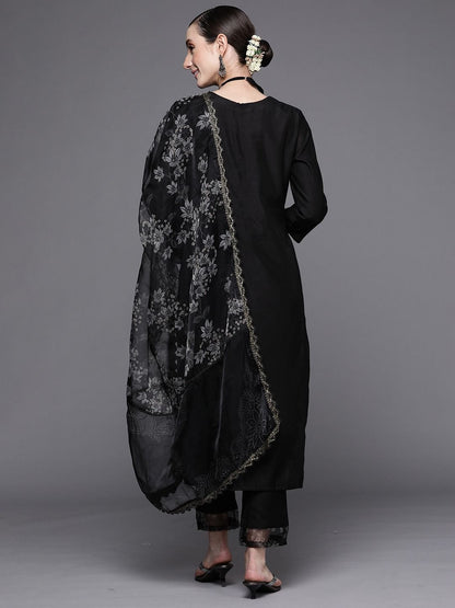 Dhiyona IE Women Black Floral Embroidered Beads Kurta with Trousers & Dupatta