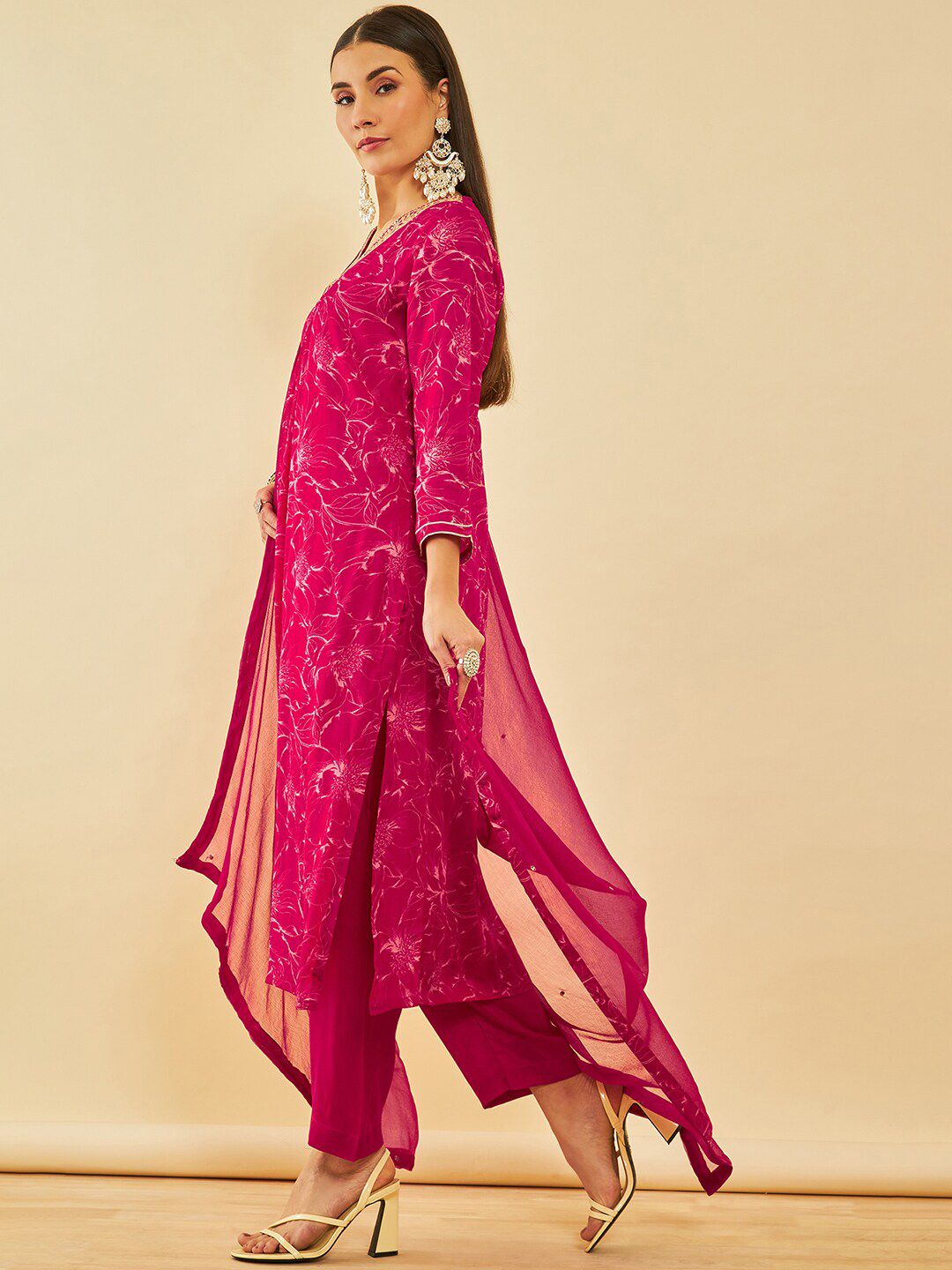 Dhiyona SO Women's Floral Embroidered Regular Gotta Patti Kurta with Trousers & Dupatta