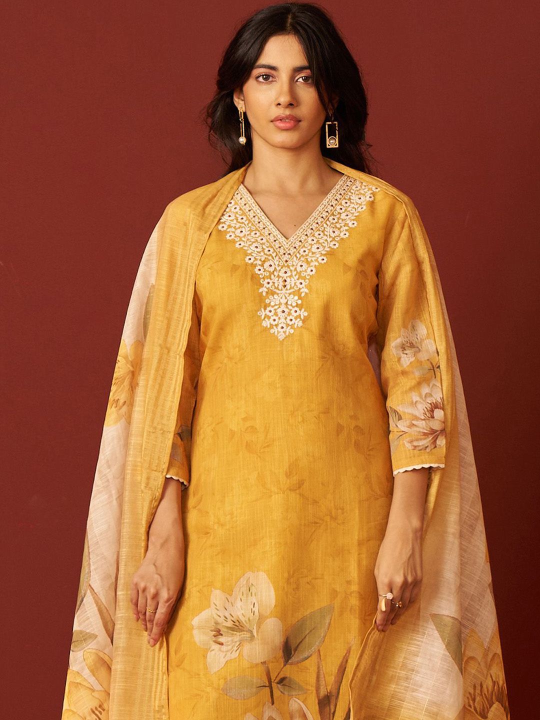 Women Floral Embroidered Cotton Kurta with Trousers & Dupatta