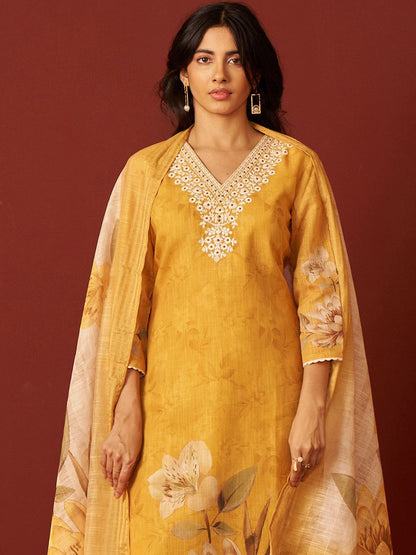Women Floral Embroidered Cotton Kurta with Trousers & Dupatta