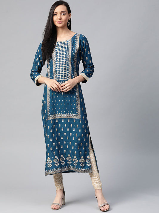 Dhiyona IE Women Navy Blue & Golden Foil Printed Straight Kurta