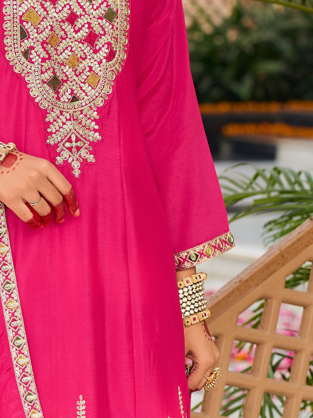 Floral Embroidered Mirror Work Sequinned Anarkali Kurta With Dhoti & Dupatta