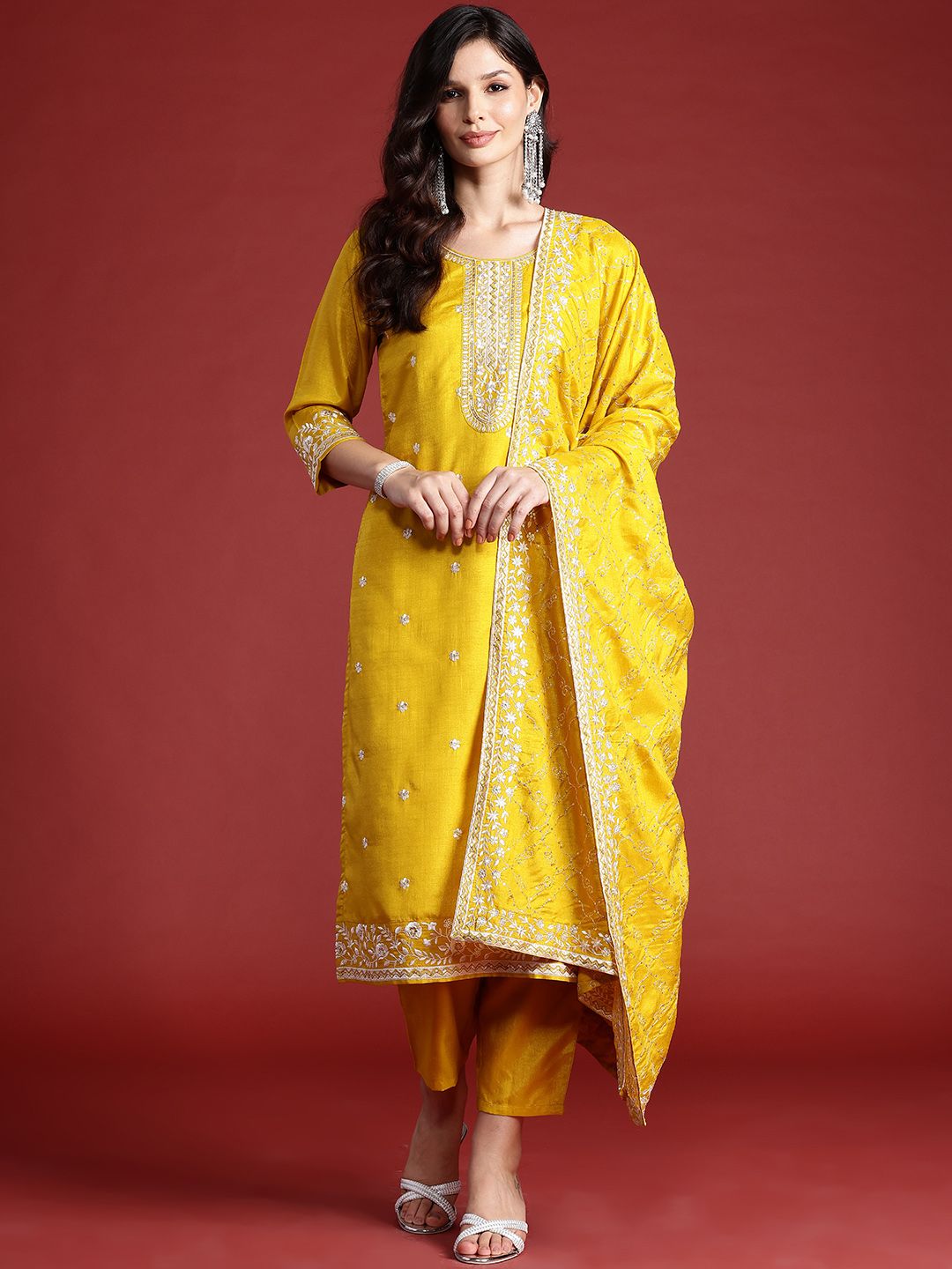 Dhiyona IE Floral Embroidered Sequinned Kurta With Trousers & Dupatta