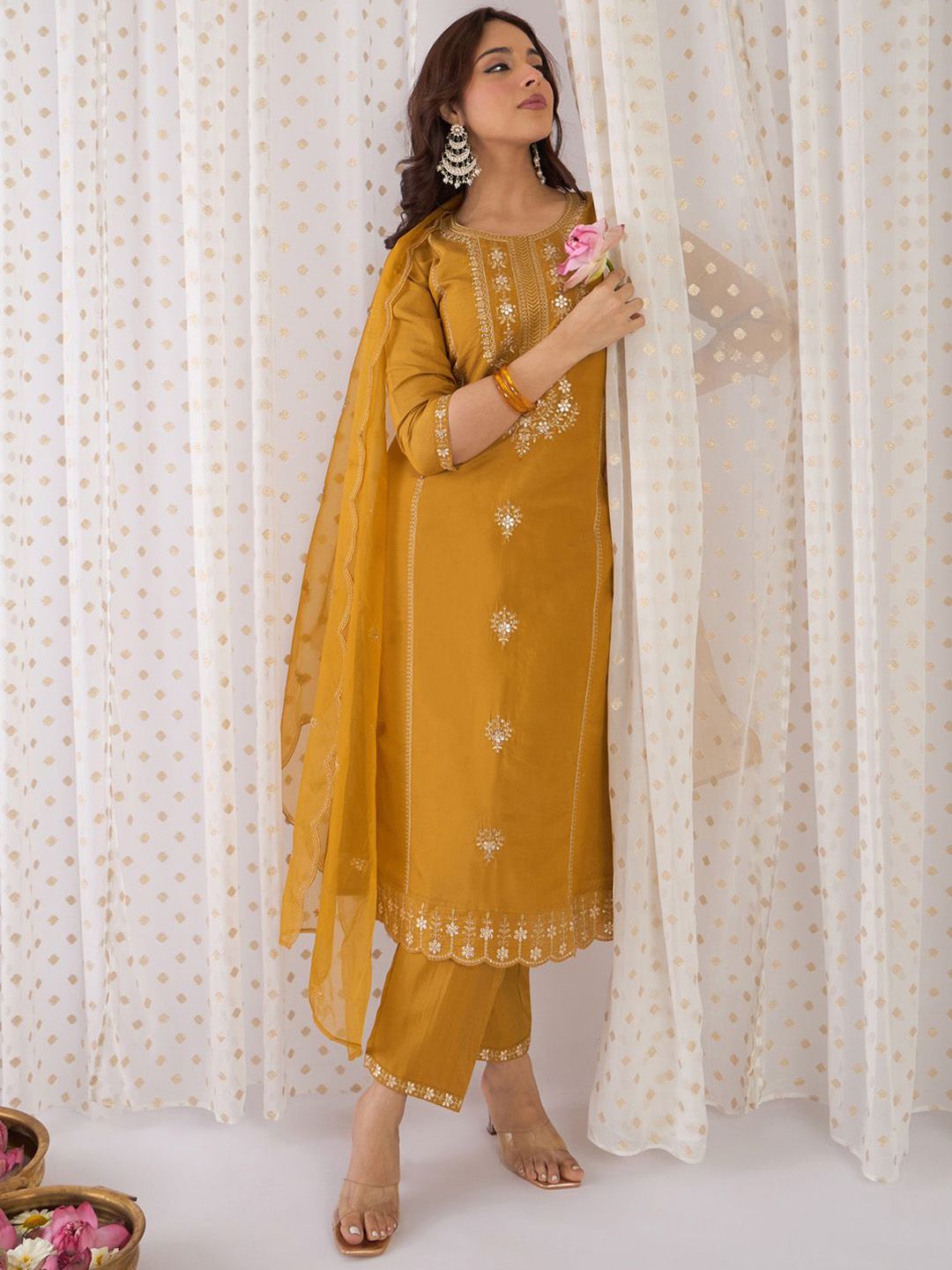 Dhiyona IE Floral Embroidered Gotta Patti Straight Kurta With Trousers & Dupatta