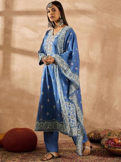Dhiyona IE Women Ethnic Motifs Embroidered Regular Thread Work Pure Cotton Kurta with Trousers & With Dupatta