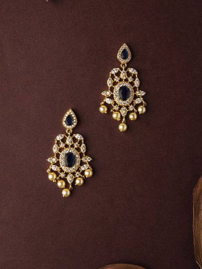 Dhiyona RJ Women's 18K Gold Plated Blue Sapphire and CZ Studded Gold Beaded Handcrafted Drop Earrings