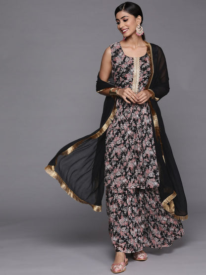 Dhiyona VA Women's Black Floral Printed Empire Kurta with Sharara & With Dupatta
