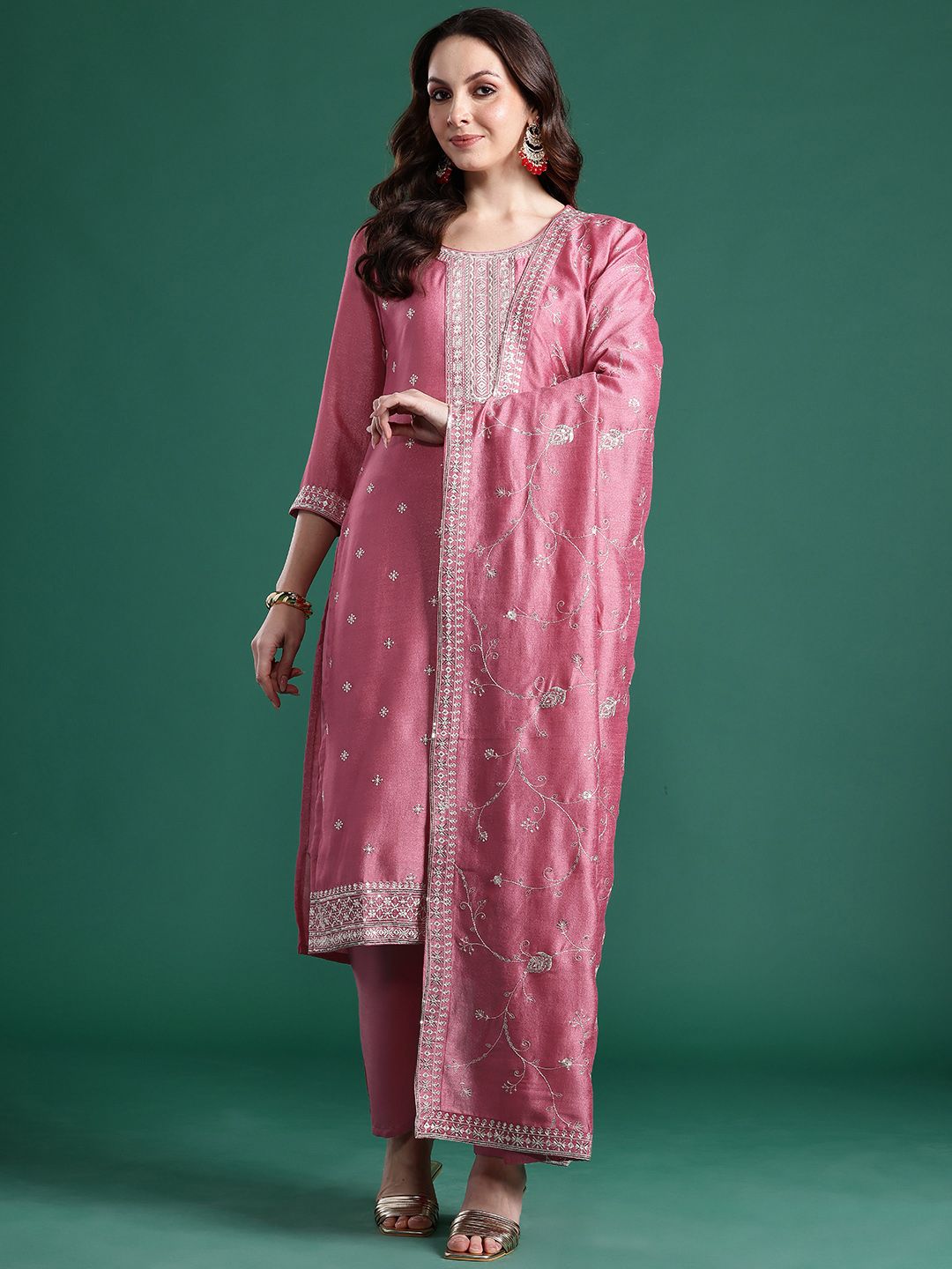 Ethnic Motifs Embroidered Sequinned Kurta With Trousers & Dupatta