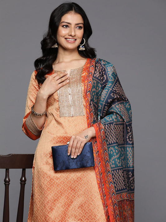 Dhiyona VA Women'sJacquard Zari Kurta with Trousers & With Dupatta