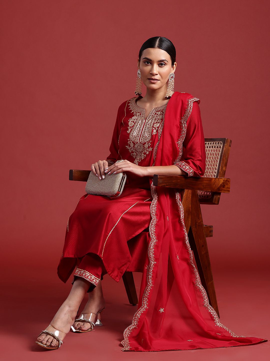 Ethnic Motifs Yoke Design Zari Panelled Liva Kurta With Trousers & Dupatta