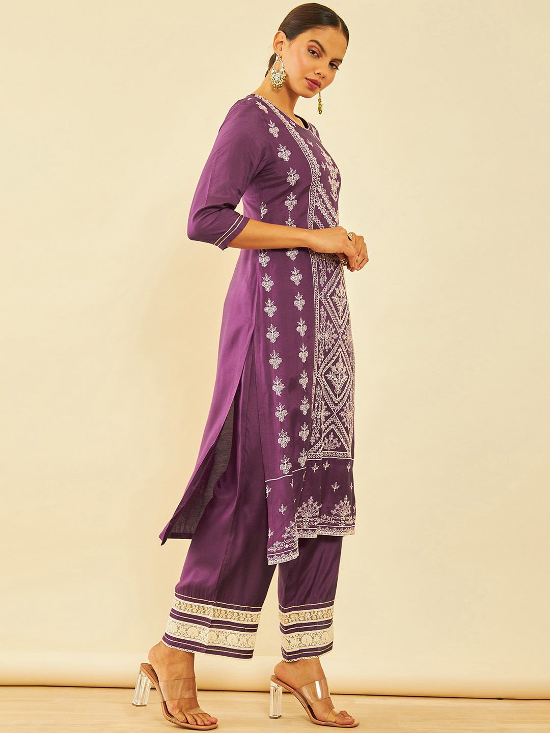 Dhiyona SO Women's Purple Ethnic Motifs Embroidered Regular Sequinned Kurta with Palazzos
