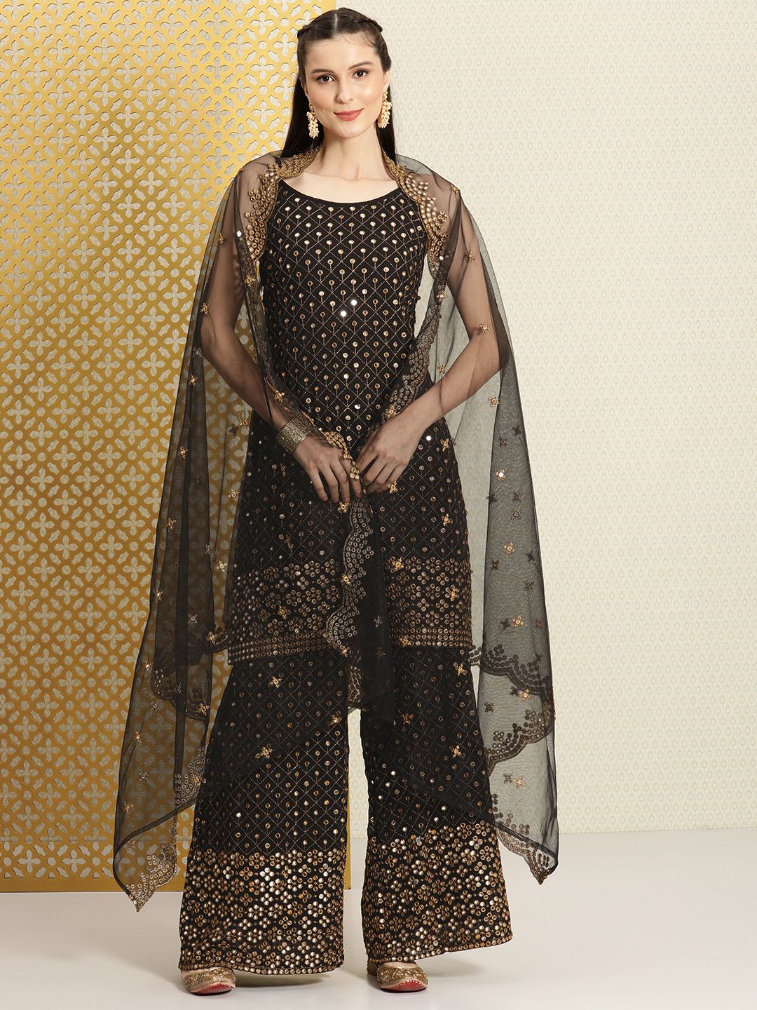 Dhiyona PD Women Women Black Mirror Work Jashn Kurta with Palazzos & Dupatta