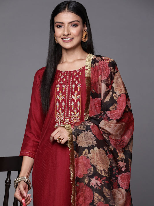 Dhiyona VA Women's Maroon & Beige Floral Embroidered Thread Work Kurta with Trousers & Dupatta