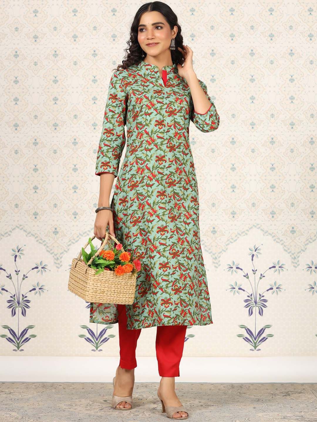 Dhiyona OD  Green Floral Printed Straight Kurta
