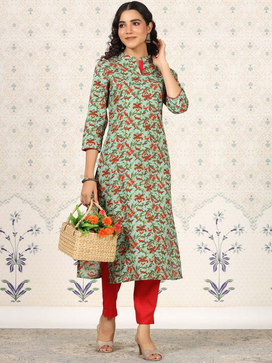 Dhiyona OD  Green Floral Printed Straight Kurta