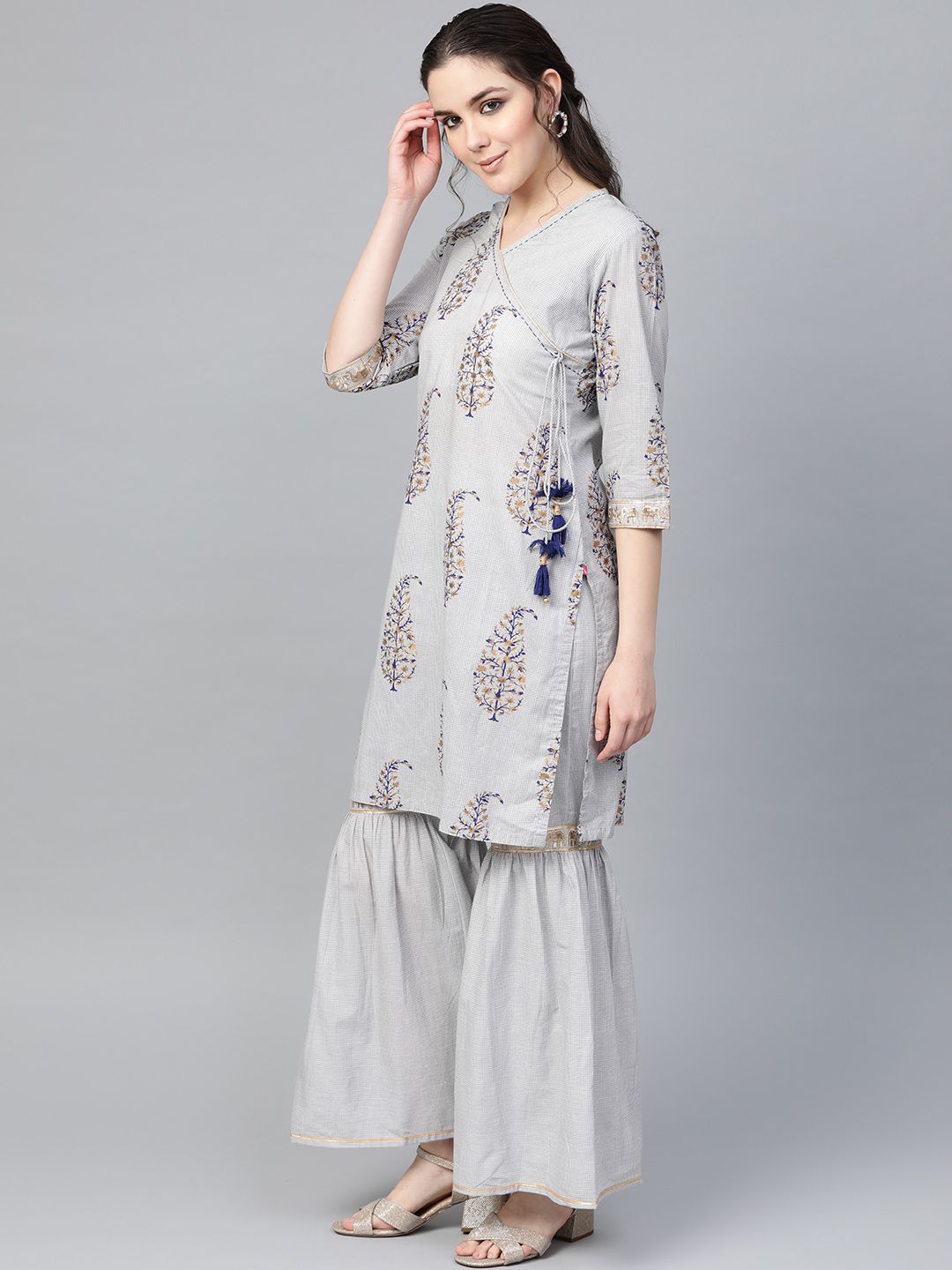 Dhiyona VA Women's Grey & Golden Angrakha Printed Kurti with Sharara