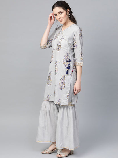 Dhiyona VA Women's Grey & Golden Angrakha Printed Kurti with Sharara