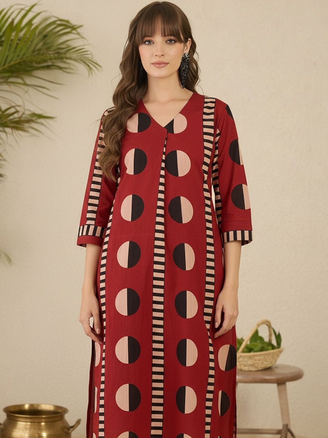 Geometric Printed V-Neck Pure Cotton Straight Kurta With Trousers