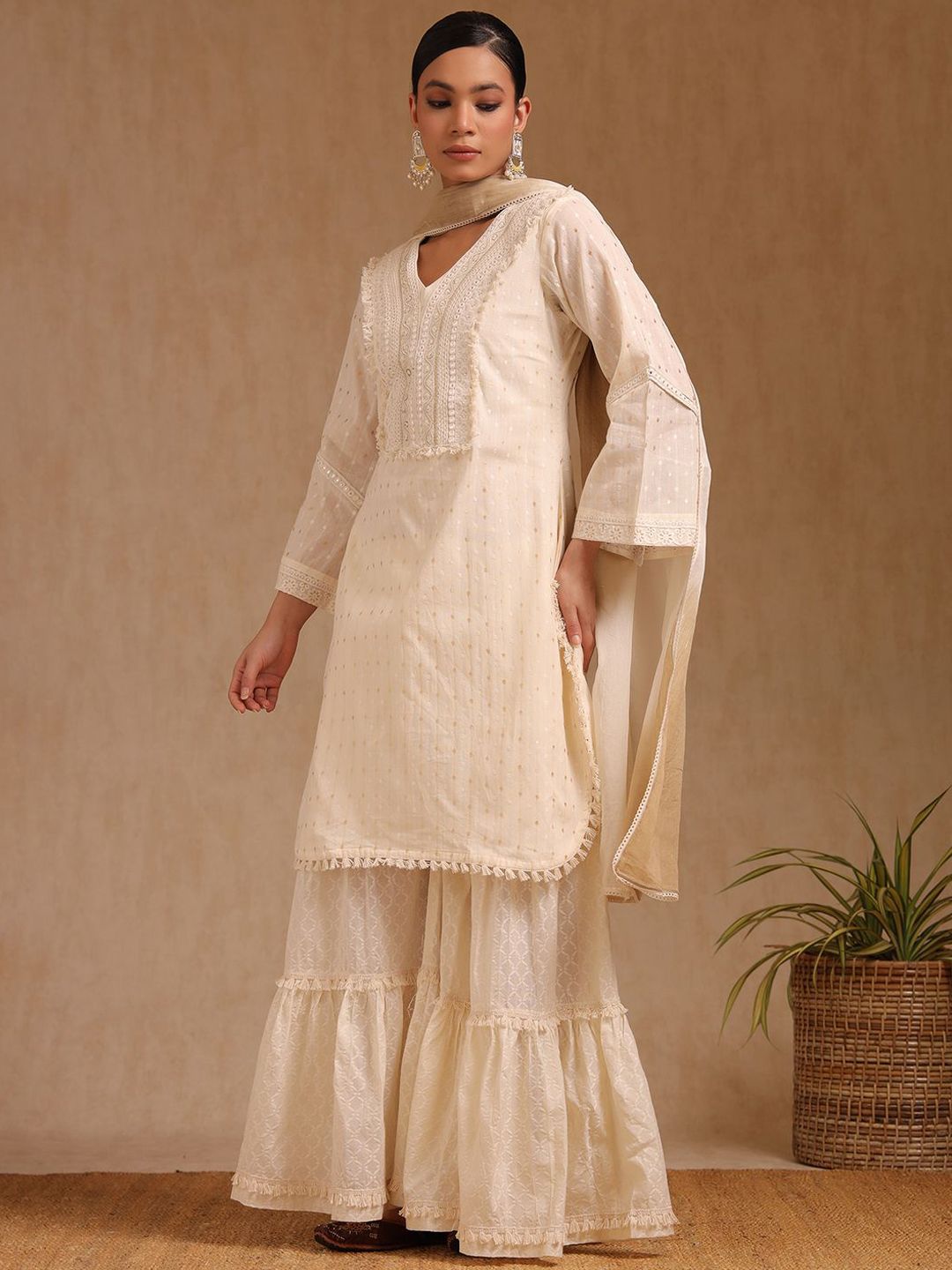 Dhiyona SO Women's Geometric Woven Design Mirror Work Cotton Straight Kurta With Sharara & Dupatta