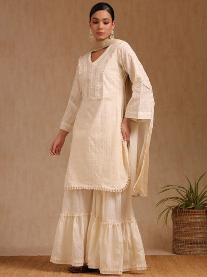 Dhiyona SO Women's Geometric Woven Design Mirror Work Cotton Straight Kurta With Sharara & Dupatta