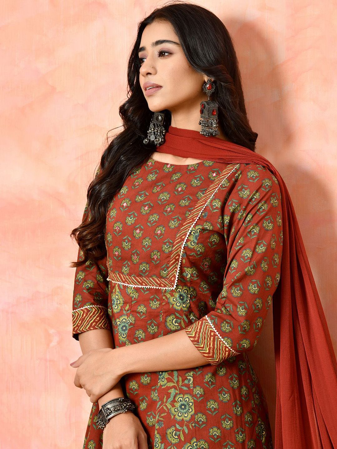 Dhiyona SN Women's Floral Printed Pure Cotton Round Neck Anarkali Kurta With Trouser And Dupatta