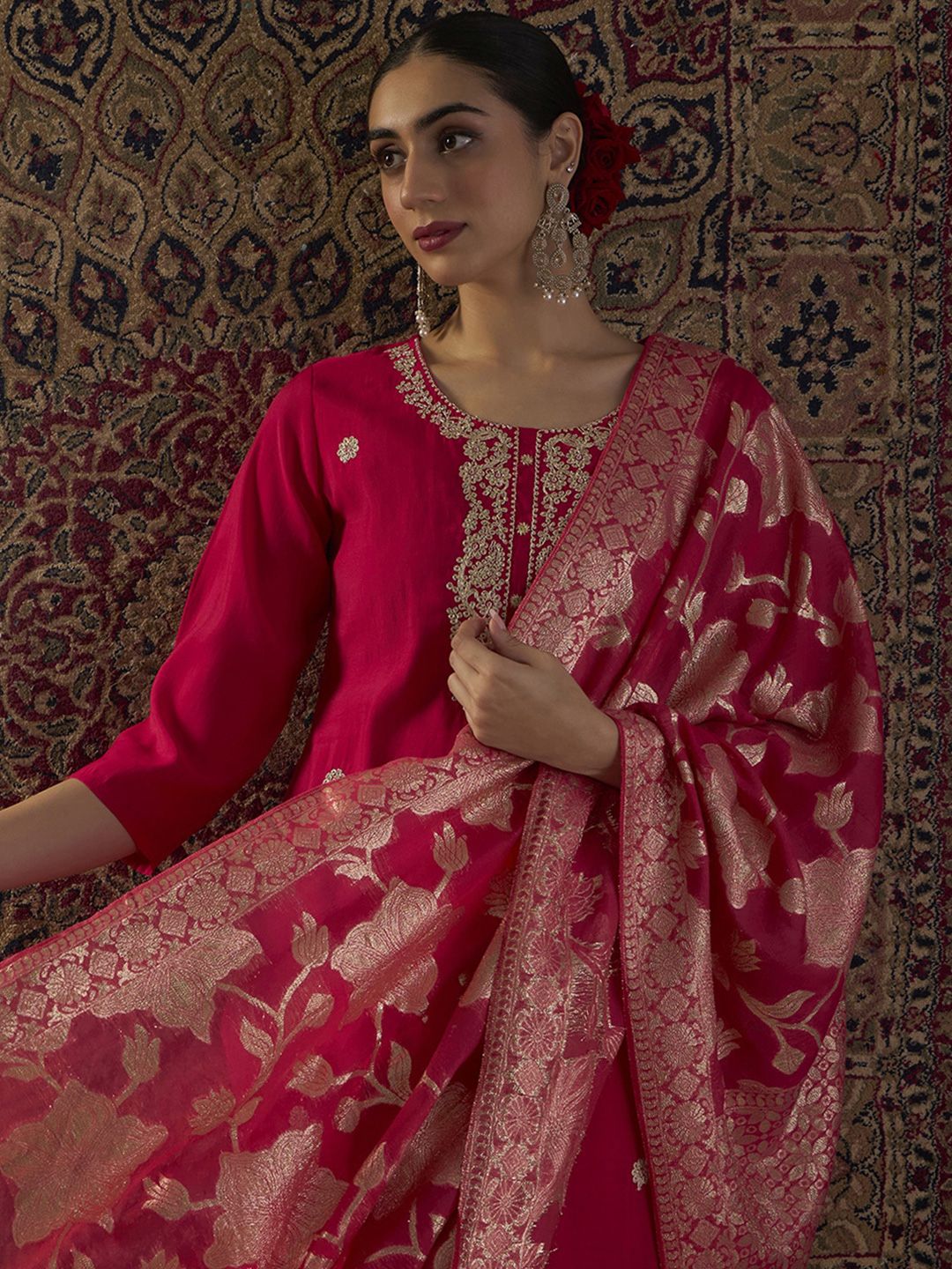 Dhiyona IE Ethnic Motifs Embroidered Straight Kurta With Trousers & Dupatta