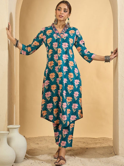 Women Floral Printed Regular Thread Work Pure Cotton Kurta with Trousers