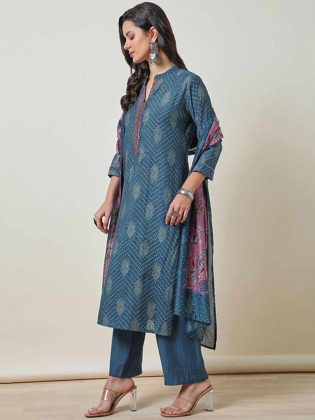 Dhiyona SO Women's Bandhani Printed Mandarin Collar Thread Work A Line Kurta with Palazzos & Dupatta