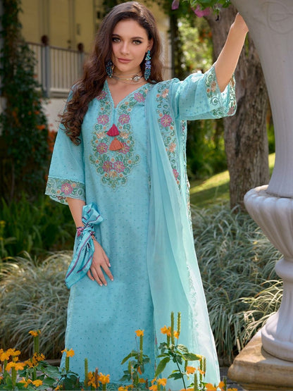 Women Floral Embroidered Regular Thread Work Pure Cotton Kurta with Trousers & With Dupatta