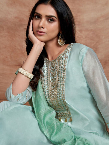 Dhiyona SN Women's Floral Embroidered Sequinned Chanderi Silk Straight Kurta & Palazzo With Dupatta