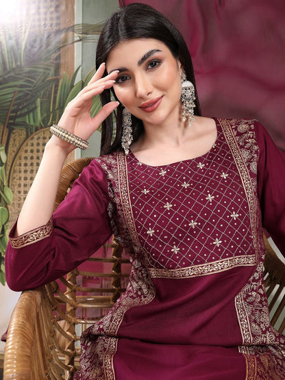 Dhiyona SN Women's Embroidered Straight Kurta With Palazzos & Dupatta
