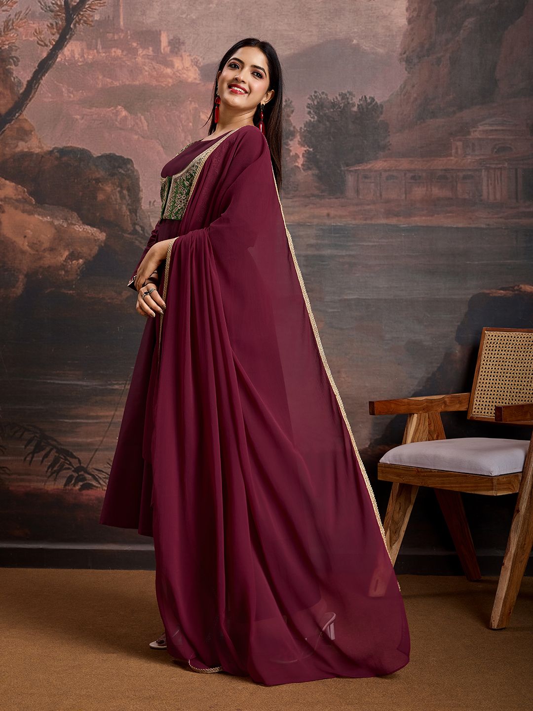 Dhiyona PD Women Anarkali Kurta Trousers & Dupatta With Embroidered Jacket