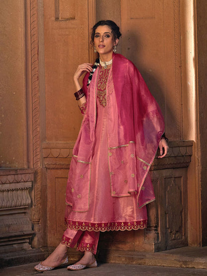 Dhiyona CH Women Floral Embroidered A-Line Kurta with Trousers & Dupatta