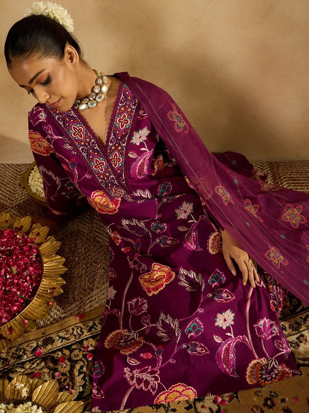 Dhiyona IE Ethnic Motifs Printed Regular Pure Cotton Kurta With Trouser And Dupatta