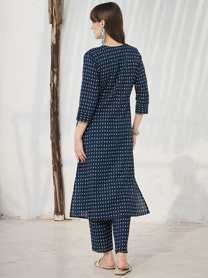 Dhiyona IE Printed Pure Cotton V-Neck Top With Trousers Co-Ords