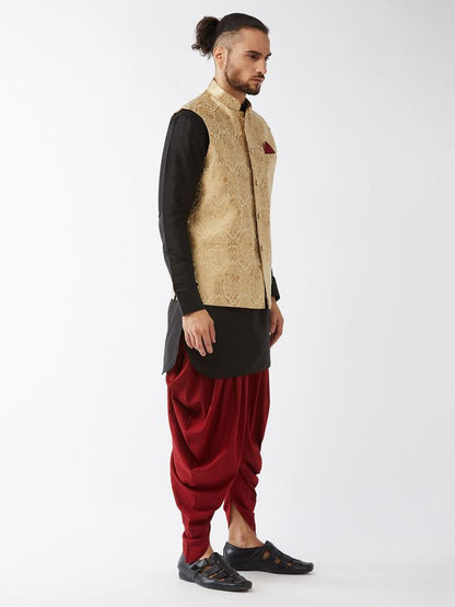 Men's Black Silk Blend Straight Jacket  Kurta and Dhoti Set