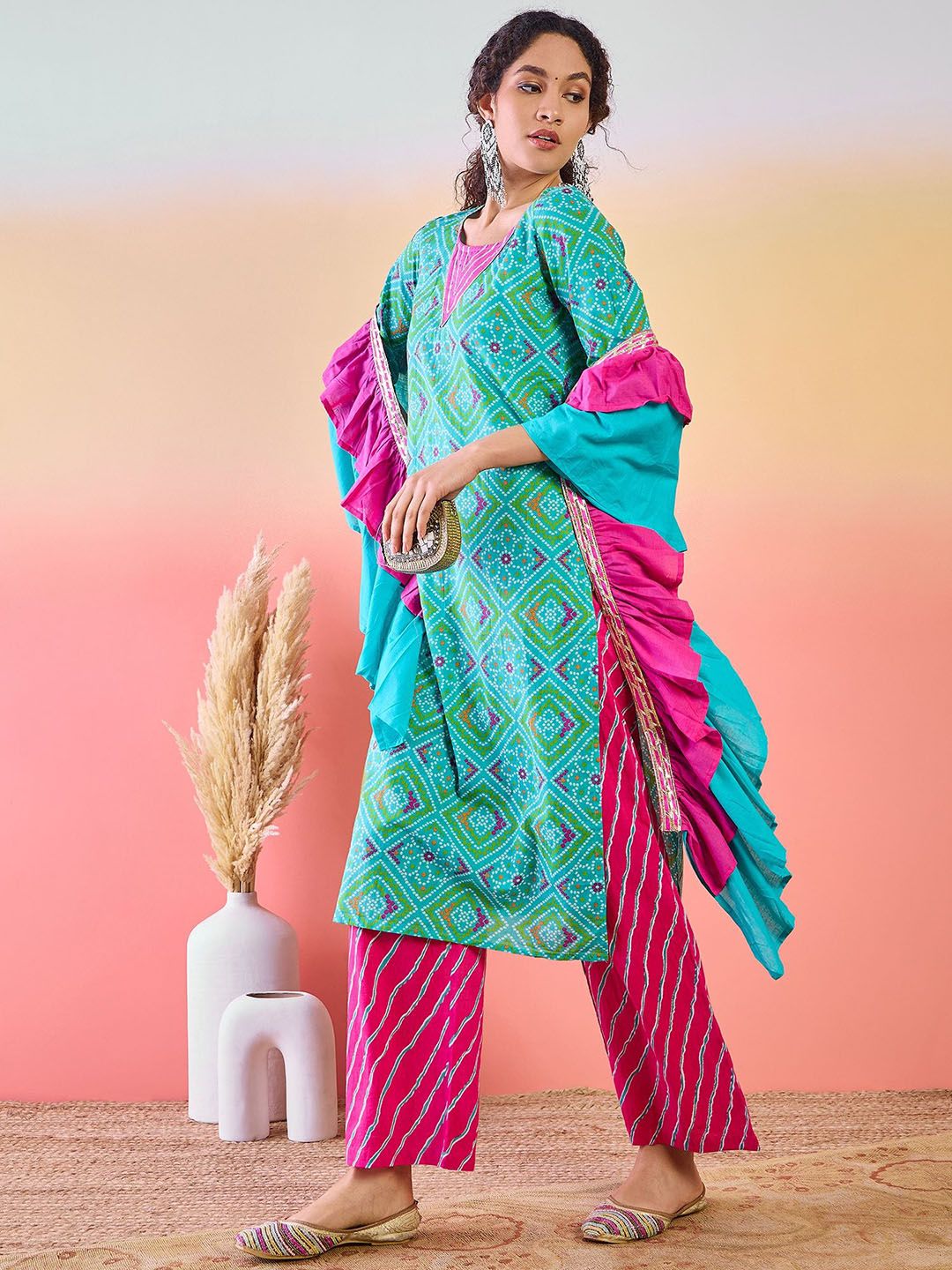 Dhiyona SN Women's Bandhani Printed Pure Cotton Round Neck Kurta With Trousers & Ruffled Dupatta