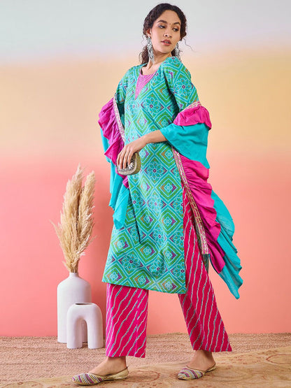 Dhiyona SN Women's Bandhani Printed Pure Cotton Round Neck Kurta With Trousers & Ruffled Dupatta
