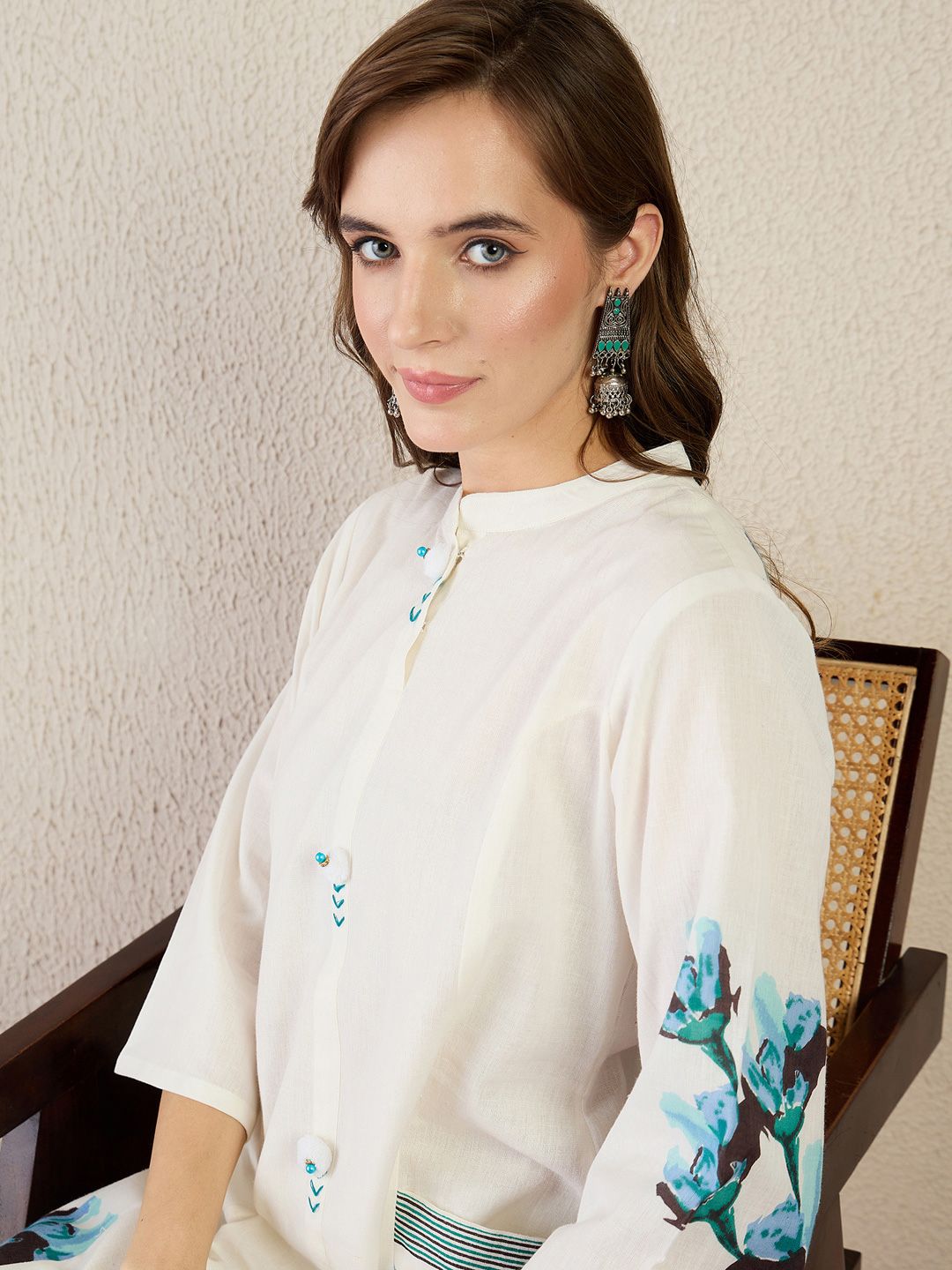 Floral Printed Mandarin Collar Pure Cotton A-Line Kurta With Trouser