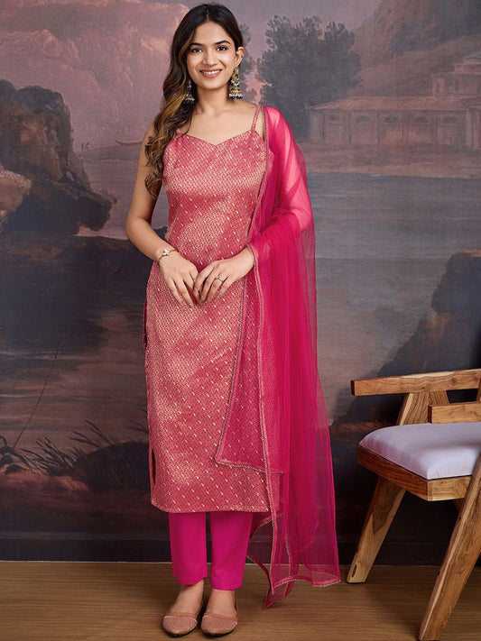 Dhiyona PD Women Paisley Woven Designed Shoulder Straps Kurta & Trousers With Dupatta