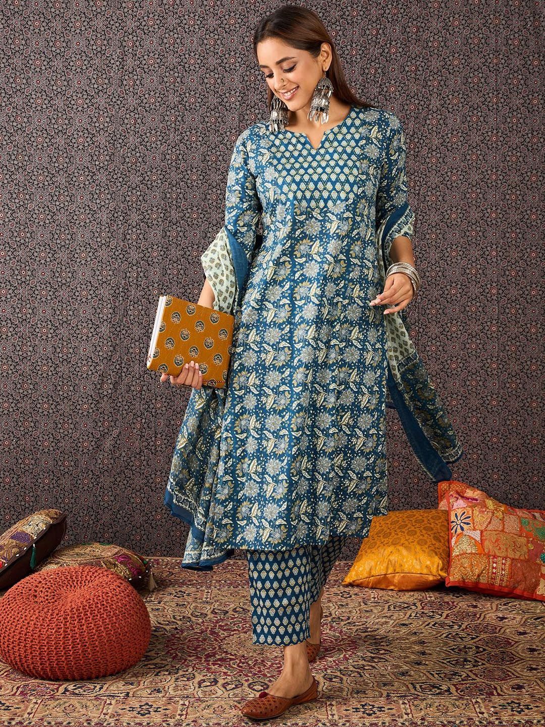 Floral Printed Pure Cotton Straight Kurta Trousers With Dupatta
